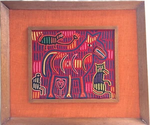 Framed Cats & Horse Hand Sewn Fabric Mola; Panama Kuna Indians, 27" x 24" - Picture 1 of 6