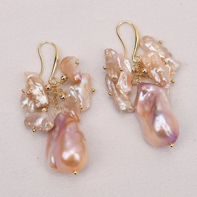 Cultured Lavendar Purple Baroque Pearl Biwa Pearl Dangle Hook Earrings Free ship - Image 1 of 4