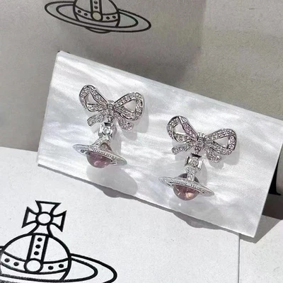 Pre-owned Vivienne Westwood Earrings Silver Pink Orb Bow Ribbon Dangle Drop - Image 1 of 4