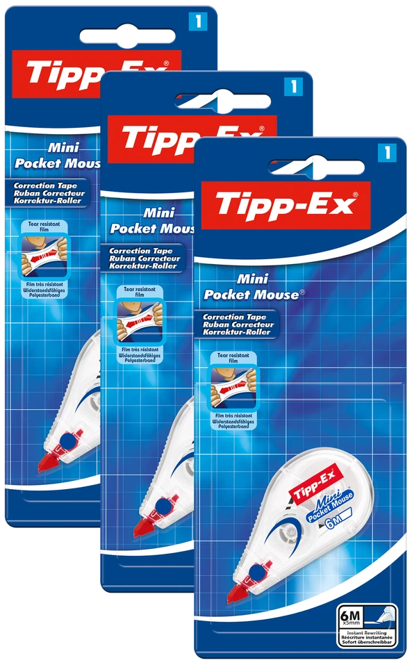 BIC GROUP Tipp-Ex Mini Pocket Mouse Korrekturroller, Korrekturband 6m x 5mm, 3 x 1er Pack