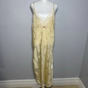 Vintage California Dynasty Satin Lace Slip Dress Chiffon Slit Nightgown Beige - Picture 1 of 10