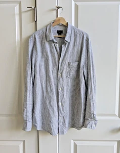 H&M Linen Shirt Men L White Gray Pin Striped Relaxed Fit Casual Button Up - Picture 1 of 8