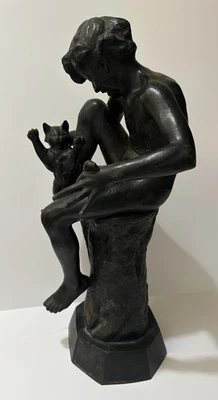 BRONZE METAL SCULPTURE CAT KITTEN MOUSE BOY FERDINANDO DE LUCA ANTIQUE LARGE - Image 1 of 4