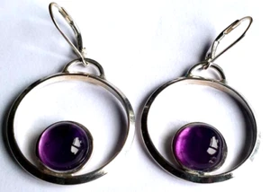 Exquisite 25mm hoop earrings with 10mm Amethyst cabochons and French wires. - Picture 1 of 2