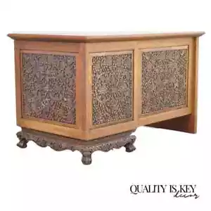 Vintage Chinese Ornately Carved Mahogany Oriental Chinoiserie Office Desk - Picture 1 of 12