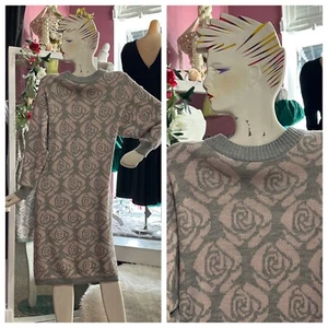 Vintage 80s Oversized Sweater Dress Midi Gray Pink Floral Print New Wave S/M - Picture 1 of 8