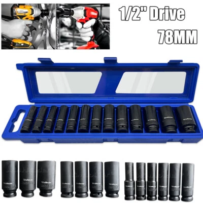 IMPACT SOCKET SET 13PC 1/2" DRIVE SAE AF IMPERIAL DEEP LONG REACH TOOL & CASE - Image 1 of 4