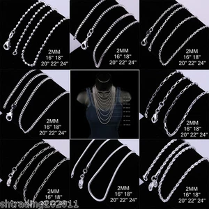 925 Sterling Silver Plated 2MM Necklace Chains Men Women 16",18",20",22",24" - Picture 1 of 48