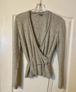 Ann Taylor Gray Beaded Angora Silk Wool Blend Faux Wrap Belted Sweater Size L - Picture 1 of 15