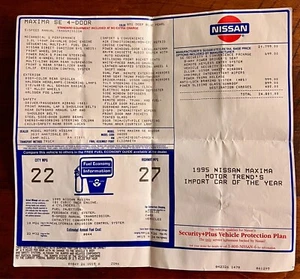1995 Nissan Maxima SE Monroney Label - Picture 1 of 3