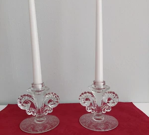 Vtg Fostoria Candlestick Holders Mayflower Etched Clear Glass Pair Of 2 - Picture 1 of 12
