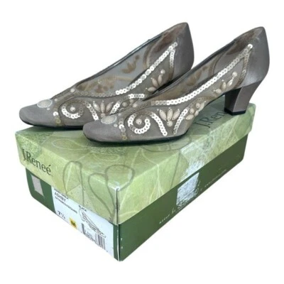 Zapatos de tacón J Renee 7,5 color topo ceniza lentejuelas satinadas fiesta boda iglesia madura Foto 1 de 4