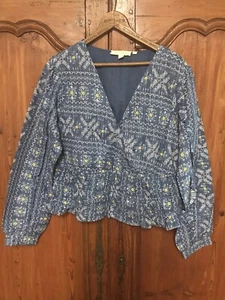 Women’s Blouse Anthropologie That Girl Blue Bold Floral Ruffle Large - Picture 1 of 6
