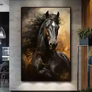 Quadro dipinto su tela nero corsa cavalli stampa su tela arte da parete - Foto 1 di 4