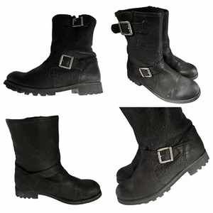 🌟H By Hudson Black Leather Biker Buckle Boots Ankle Size 4 37 Womens RRP £170 - Picture 1 of 12