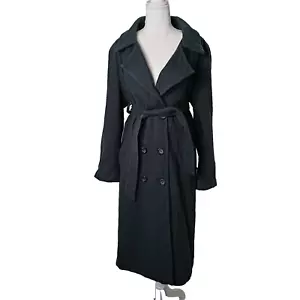 Nat Nat Size L Navy Blue Cashmere Wool Blend Tie Belt Double Button Long Coat - Picture 1 of 6