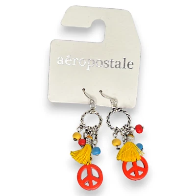 Aeropostale Bohemian Peace Sign Earrings, 3" Dangling Tassels, Yellow Beads, New - Image 1 of 4