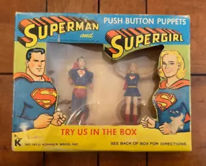 SUPERMAN AND SUPERGIRL PUSH BUTTON PUPPETS KOHNER RARE IN ORIGINAL BOX - Picture 1 of 8