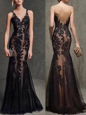 Spaghetti Straps V-Neck Wedding Dress Black Lace Applique Bridal Beach Backless - Image 1 of 4