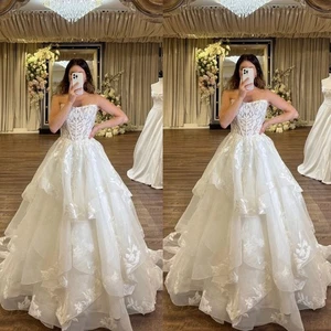 Princess Strapless Wedding Dresses Ruffles Lace Applique Sweep Train Bridal Gown - Picture 1 of 9