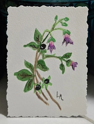 Pintura artística original ACEO tinta acuarela flor belladona sombra de noche única en su clase ATC  Foto 1 de 4