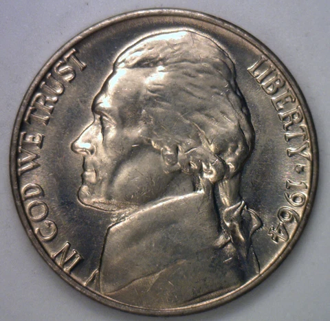 1964 P Jefferson Nickel 5 cent Brilliant Uncirculated US Five Cents Coin BU Cover