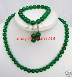 Natural 8MM Green Jade Beads Gemstone Necklace Bracelet Earring 18/7.5'' Sets - Picture 1 of 12