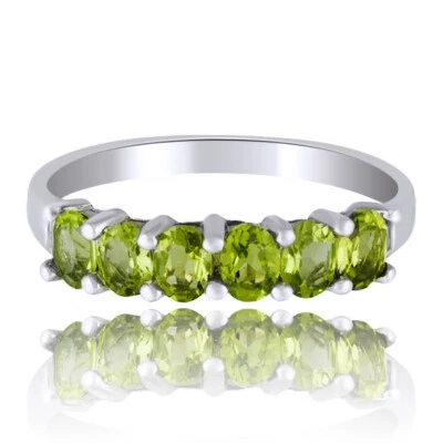 1 Ct Oval Cut Green Peridot Seven Stone Band Ring 14k White Gold Plated Sterling - Image 1 of 4