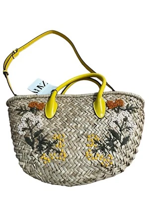 ZARA Nwt Embroidered Floral Straw Bag - Image 1 of 4