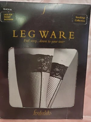 Frederick’s of Hollywood Black Lace Top Backseam Fishnet Thigh Hi Stockings M - Image 1 of 4