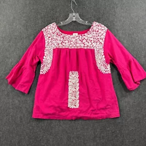 J.Marie Margo Blouse Women's Medium Pink Fuchsia Embroidered Bell Sleeve Linen - Picture 1 of 7