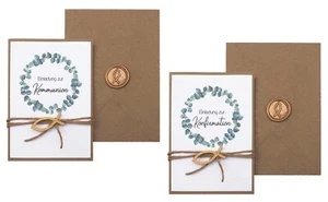 Einladungskarte Umschlag Perso. Kommunion Konfi Eukalyptus Kraft Fisch Gold - Bild 1 von 8