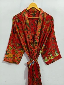 Floral Silk Green Color Bathrobe Silk Saree Kimono Women’s Beach wear, B-4558 - Picture 1 of 7