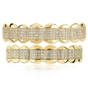 JINAO Hip Hop 4 Rows 8 Top Teeth 3 Rows 8 Bottom Tooth Grillz 14K Gold Plated... - Picture 1 of 6