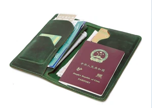 passport Holder wallet purse cow Leather card ticket bill note bag green W317 - Picture 1 of 4