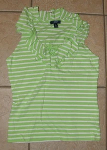 CHAPS Green & White Striped Sz Small Sleeveless Soft Cotton Ruffled Neck Shirt - Picture 1 of 2