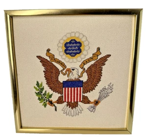 Patriotic Finished Cross Stitch Eagle Arrows & Leaves American Seal Framed 7.25" - Picture 1 of 7