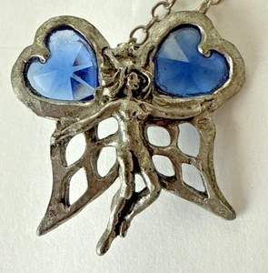 SIGNED FELLOWSHIP FOUNDRY 1992 PEWTER BLUE CRYSTAL FAIRY PENDANT NECKLACE - Picture 1 of 7