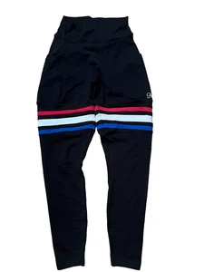 Bombshell Sportswear Leggings Womens Medium Black Red White Striped Logo Gym - Picture 1 of 8