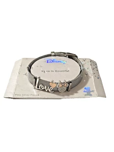 Kohl's DISNEY Bracelet Silver Plated LOVE IS BOWTIFUL Charm Buckle Bangle 8" - Picture 1 of 11