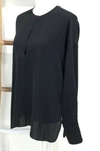 Vince Black Silk Blouse Size 8 Long Sleeve Single Button Front Covered Placket - Picture 1 of 11