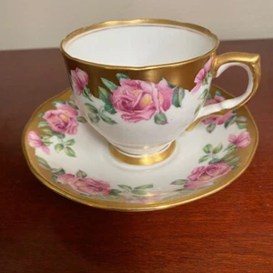 Vtg SALISBURY Pink Roses Tea Cup and Saucer Set Bone China England Pink Gold - Picture 1 of 4