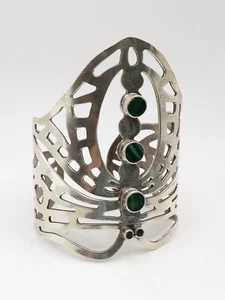 TAXCO 925 STERLING SILVER BUTTERFLY CUFF BRACELET w 5 MALACHITE GEMSTONES * - Picture 1 of 14