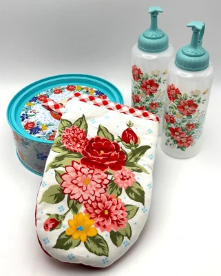 Lote Mujer Pionera: 2 Dispensadores/Botellas de Condimentos, Contenedor Floral, Guante Horno Foto 1 de 4