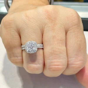 14K SOLID WHITE GOLD CUSHION SIMULATED DIAMOND ENGAGEMENT RING AND BAND 2.00ct - Picture 1 of 10