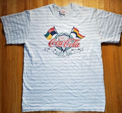 Vtg Coca Cola T shirt. Mens Size XL 1989 Flags  Gray + White Stripes Made In USA - Image 1 of 4
