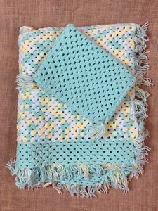 Crochet Baby Afghan Blanket & Pillow Cover  62" x 35" Blue Green Yellow White - Picture 1 of 5