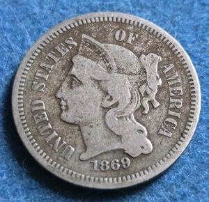 1869 Philadelphia Mint Three Cent Coin Obsolete Coinage -S - Picture 1 of 4