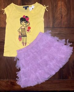 NEW Gap Beaded Embroidery Girl In Glasses Top & Purple Fringed Skirt Set 6-7