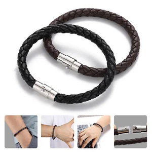 2er Pack Geflochten Leder Silber Edelstahl Kubanische Kette Herren Armband Armreif - Bild 1 von 8